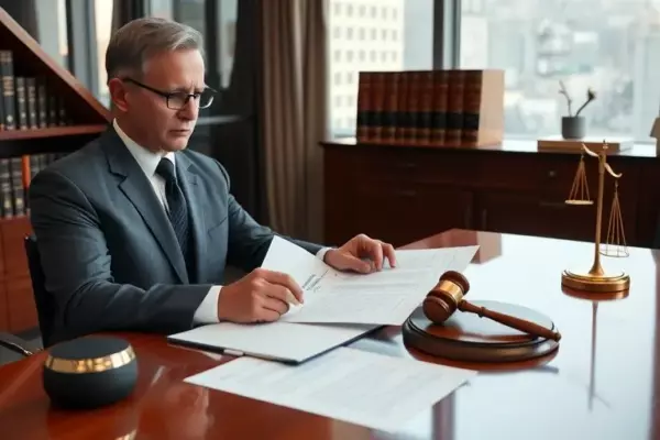 A professional lawyer sitting at a polished wooden desk in a modern office, reviewing legal documents and files related to intellectual property and copyright law, with a gavel and law books in the background, soft natural lighting, photorealistic, high detail