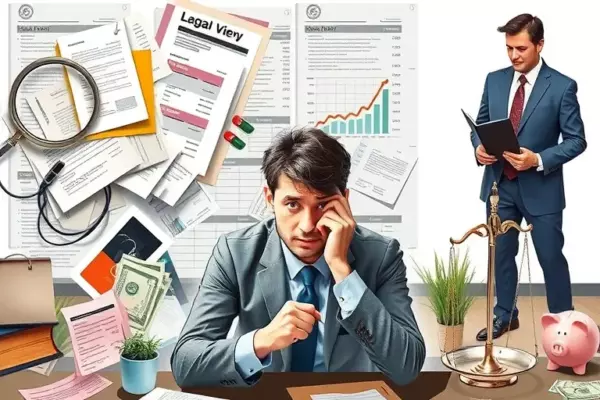 A stressed individual surrounded by chaotic legal documents and bills, looking overwhelmed, while a calm professional lawyer in a suit stands nearby offering guidance; a visual contrast of tangled paperwork versus a clear, organized legal folder, with subtle symbols of cost such as a broken piggy bank and a scale balancing money and justice, all depicted without any text, letters, or numbers.