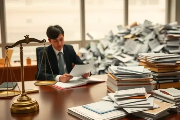 A realistic office scene depicting a calm professional reviewing legal documents at a tidy desk, with balanced scales of justice and a neatly organized stack of folders beside them, while a chaotic pile of scattered papers and receipts fades into the background, highlighting the contrast between control and chaos in legal matters, warm lighting, no text or numbers visible