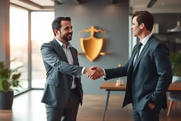 A professional business setting showing a confident entrepreneur shaking hands with a calm lawyer in a modern office, with a subtle backdrop of balanced scales of justice and a protective shield symbolizing legal support, all rendered in realistic high-quality detail without any visible text, letters, or numbers.