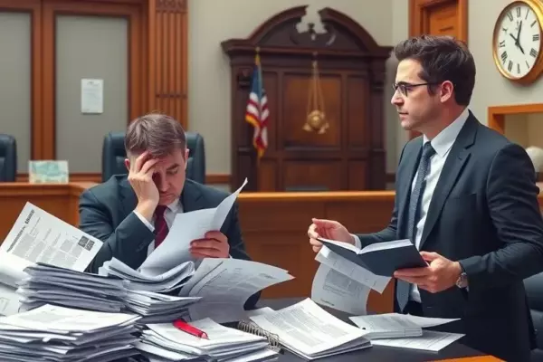 A stressed individual surrounded by piles of legal documents and bills, looking confused, while a professional lawyer in a suit offers assistance, with a subtle background of a courtroom and a clock indicating urgency, realistic high-quality depiction, no text or symbols