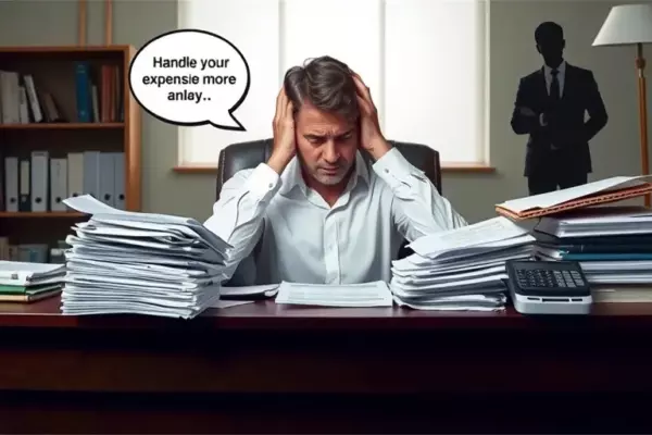 A stressed individual sitting at a desk surrounded by piles of legal documents, bills, and a calculator, with a looming silhouette of a professional lawyer in the background, illustrating that handling legal matters alone becomes more expensive; the scene conveys confusion and financial burden without any text or symbols.
